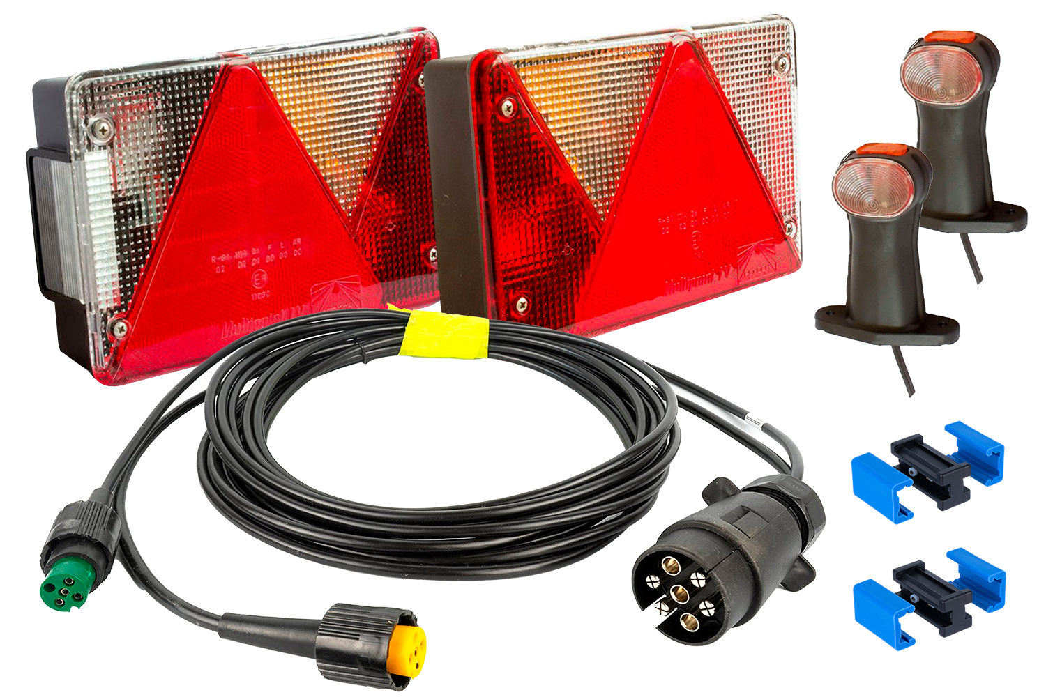 Kit: Aspöck Multipoint II rear lights, Superpoint II side marker lights  with 8 m 13-pin wiring harness and 2x quick-splice connectors